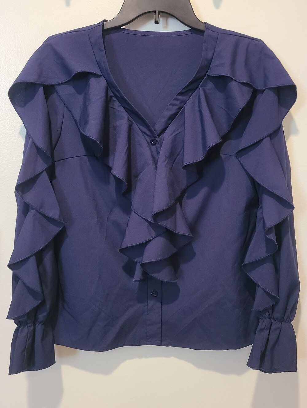 Wavy Ruffled Button Up Navy Blue Blouse Longsleeve Shein Small